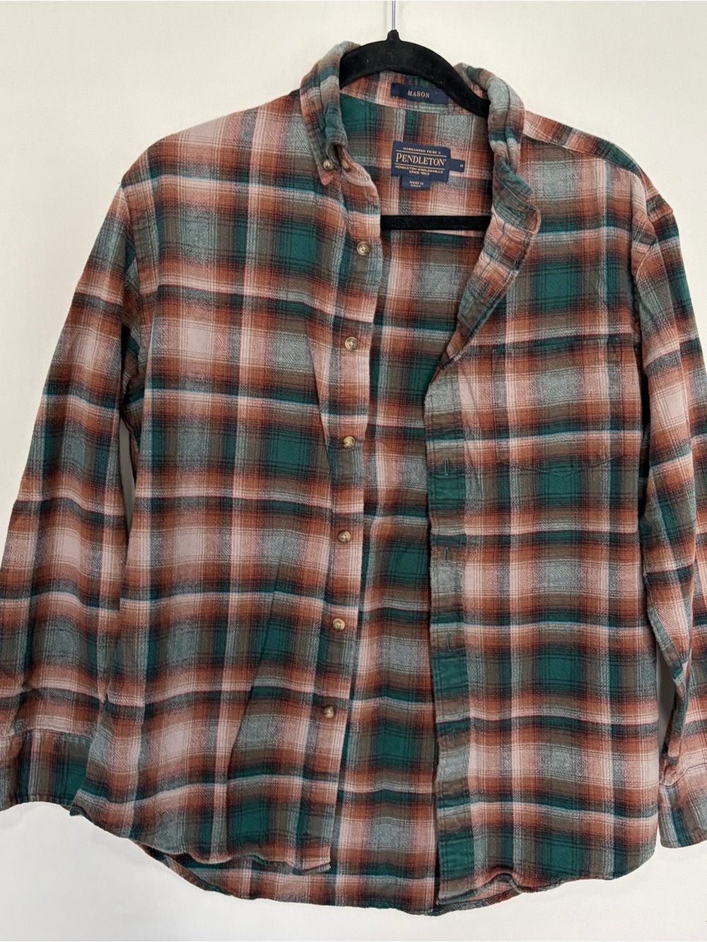 PENDLETON MASON Green Plaid Long Sleeve Flannel Shirt Mens M Hiking Outdoors - Picture 1 of 7